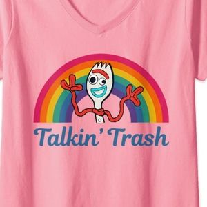 Disney Pixar Toy Story 4 Forky Talkin' Trash Rainbow Poster V-Neck T-Shirt
